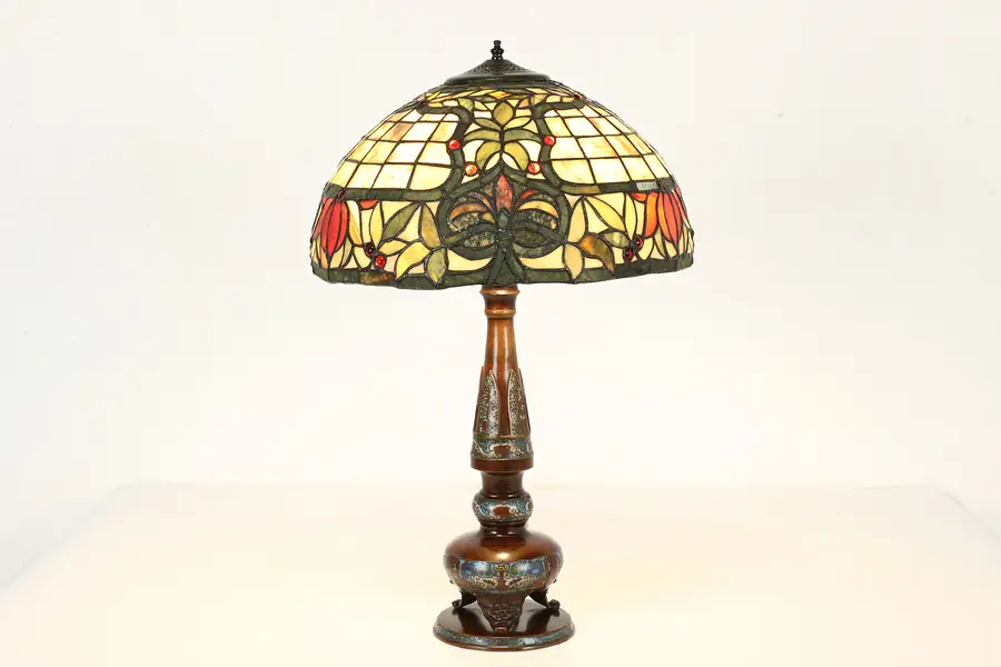 Photo of Bronze & Cloissonne Antique Office Desk Lamp, Stained Glass Shade