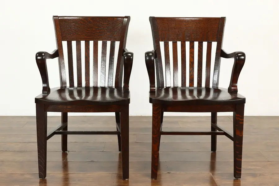 Photo of Pair of Arts & Crafts Antique Oak Craftsman Banker, Office or Desk Chairs