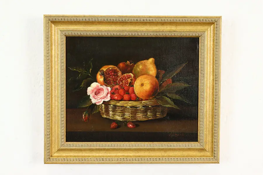 Photo of Still Life of Fruit Basket Vintage Original Oil Painting, Leonard 13"