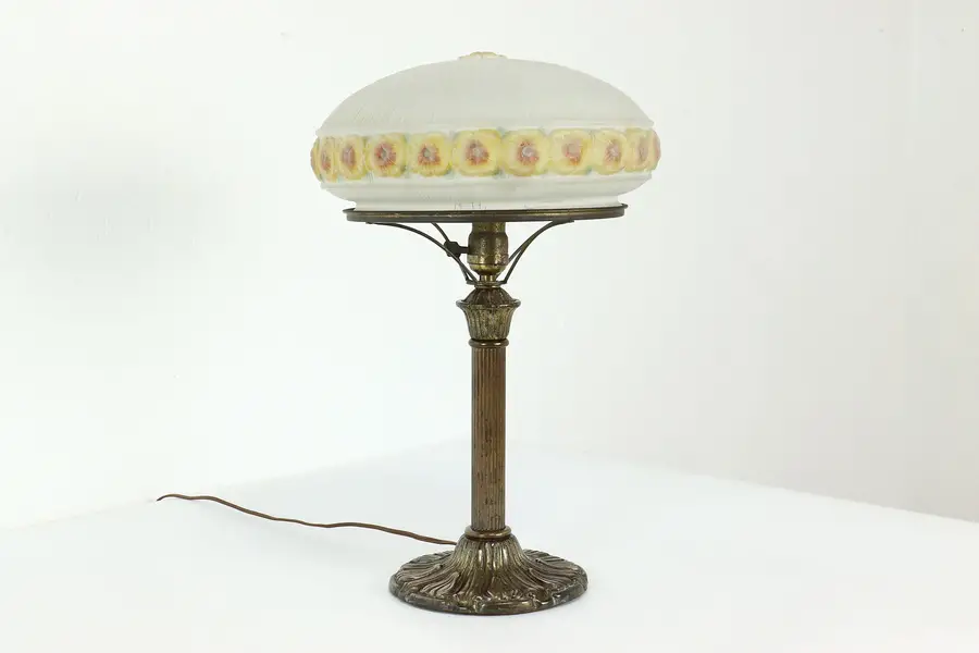 Photo of Victorian Antique Office Desk or Library Table Lamp Frosted Glass Shade