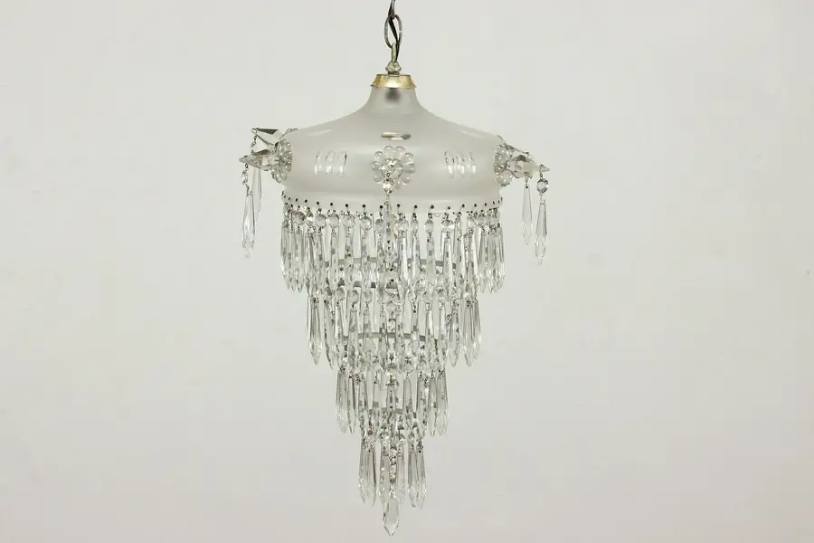 Photo of Art Deco Antique Crystal Chandelier, Frosted Glass Dome Shade