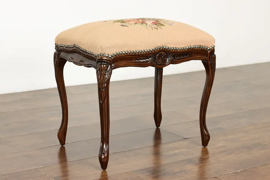 Photo of Country French Carved Fruitwood Vintage Bench, Stool, Floral Needlepoint