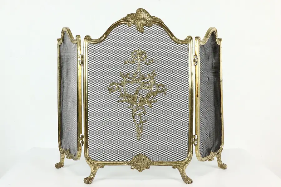 Photo of Triple Fold Vintage Brass Fireplace Hearth Screen, Bird Motif, Paw Feet