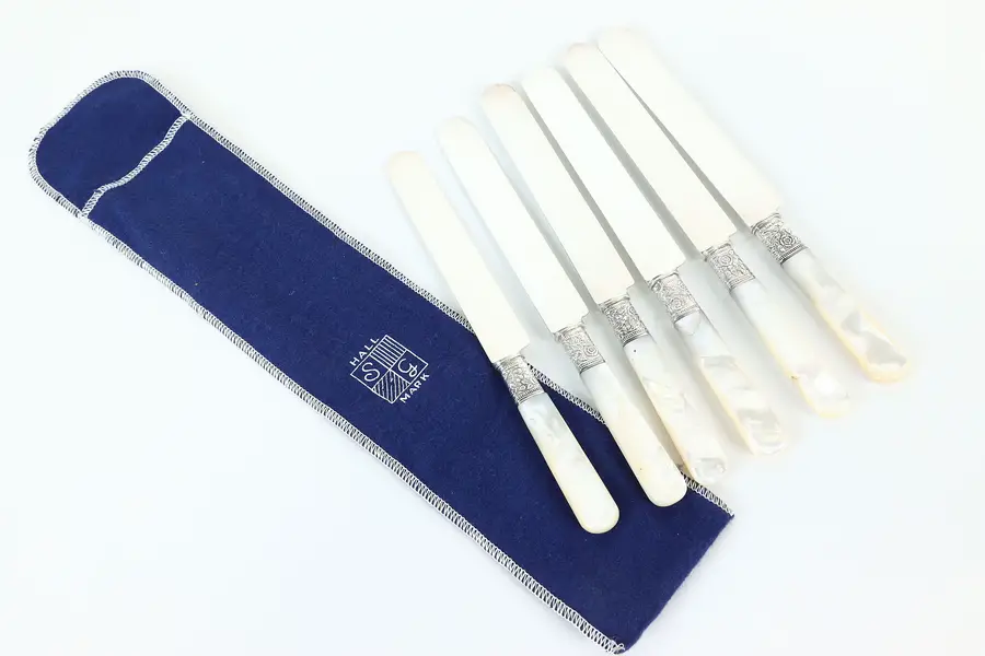Photo of Victorian Set of 6 Antique Silver & Pearl Handle Dinner Knives Bridgeport