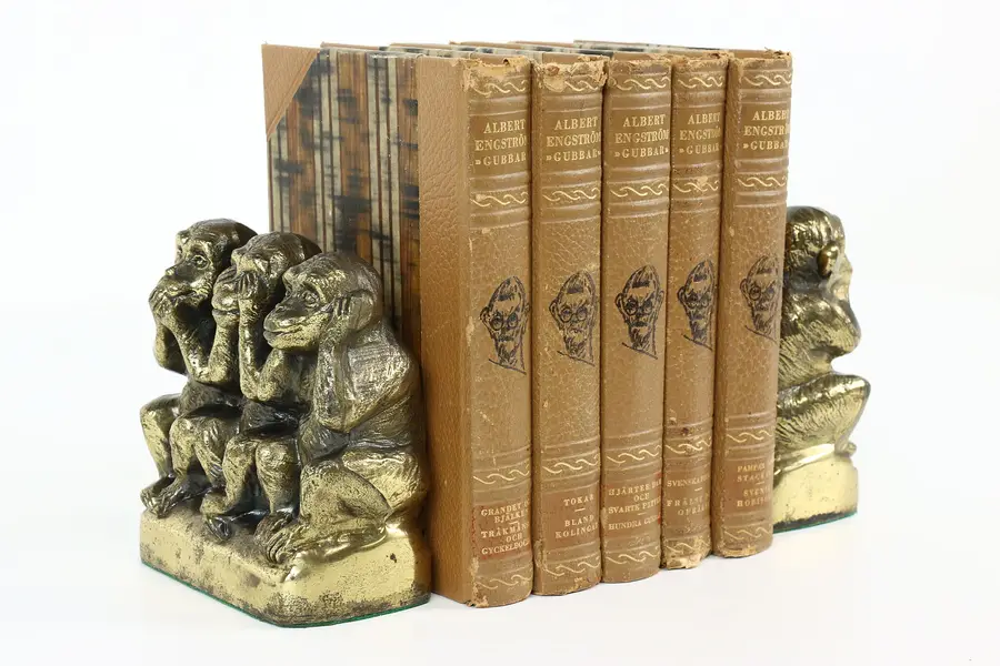 Photo of Pair of Antique Three Wise Monkeys Hear Speak See No Evil Bookends