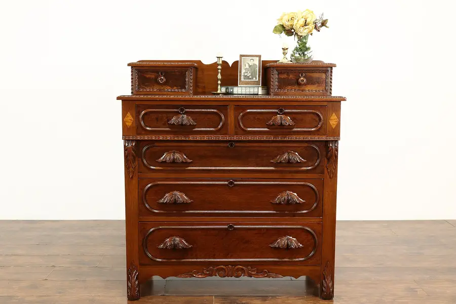 Photo of Victorian Walnut Antique Chest or Dresser, Jewelry Drawers Carve Pulls