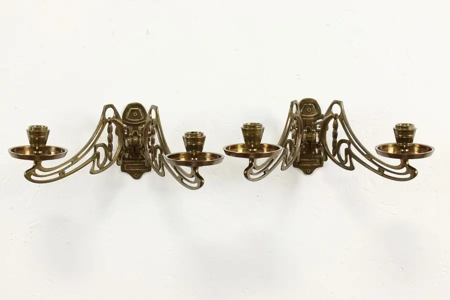 Photo of Pair of Art Nouveau Antique Brass Double Candle Wall Sconces
