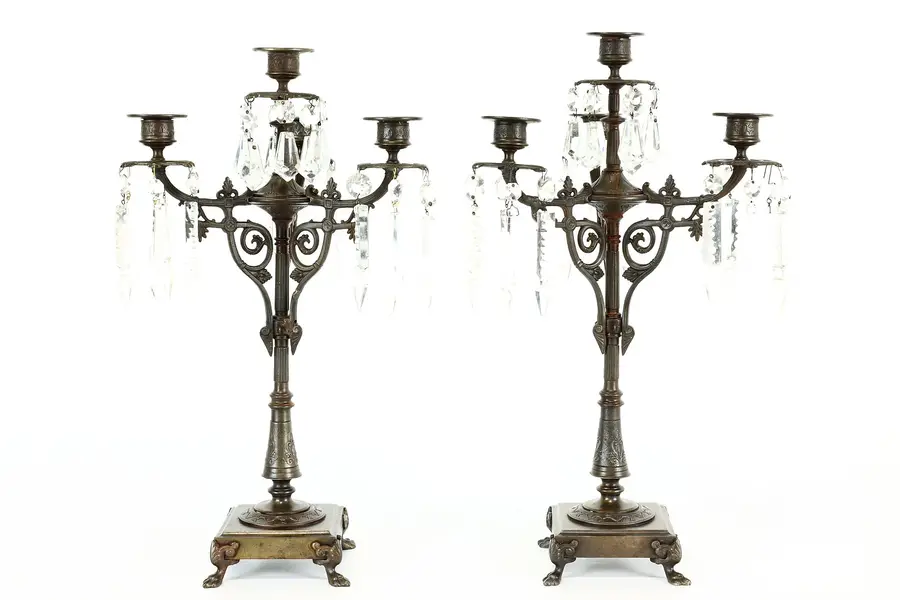 Photo of Pair of Victorian Antique 4 Candle Iron & Crystal Candelabras, Paw Feet