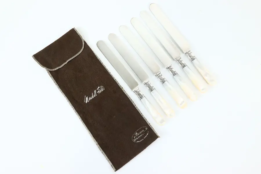 Photo of Victorian Set of 6 Antique Silver & Pearl Handle Dinner Knives, Landers