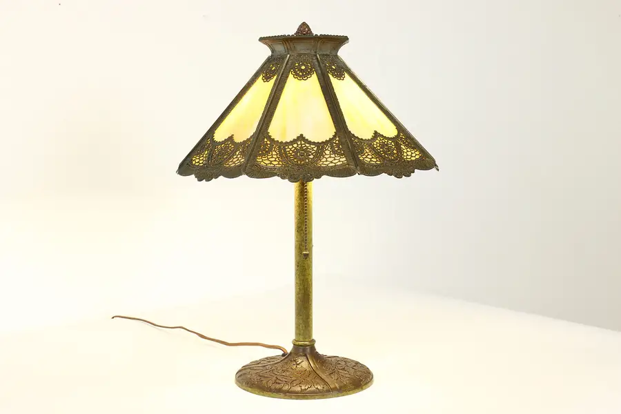 Photo of Stained Glass Shade Antique Office or Library Lamp, Bradley & Hubbard