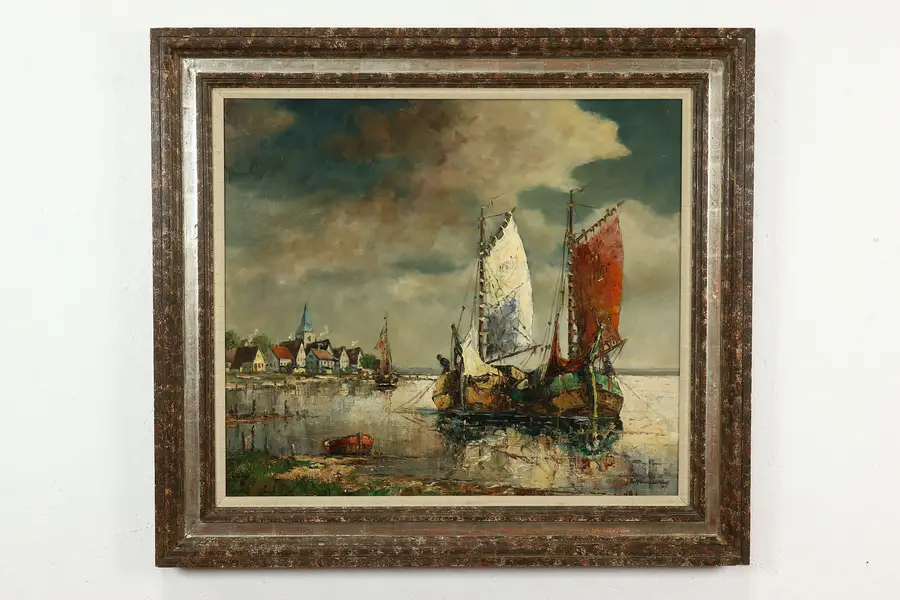 Photo of Sailboats in Harbor Cove Antique Original Oil Painting 41" Heirer