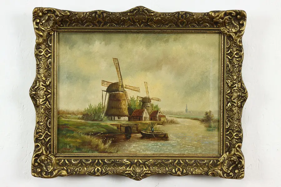 Photo of Windmills on a Canal Original Antique Dutch Oil Painting 19.5"