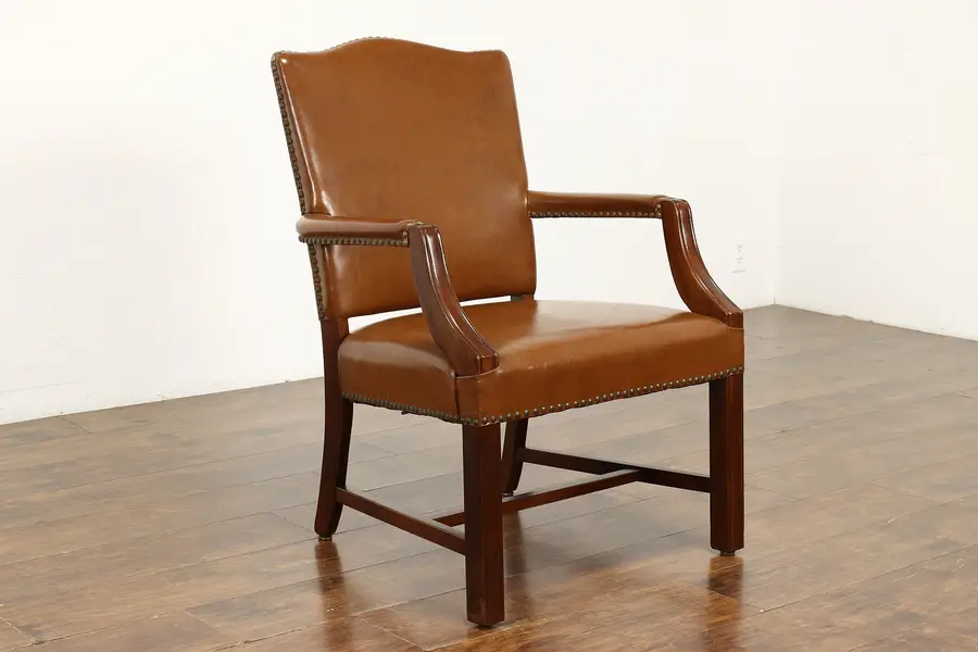 Photo of Traditional Vintage Office or Library Desk Armchair, Brass Nailhead Trim