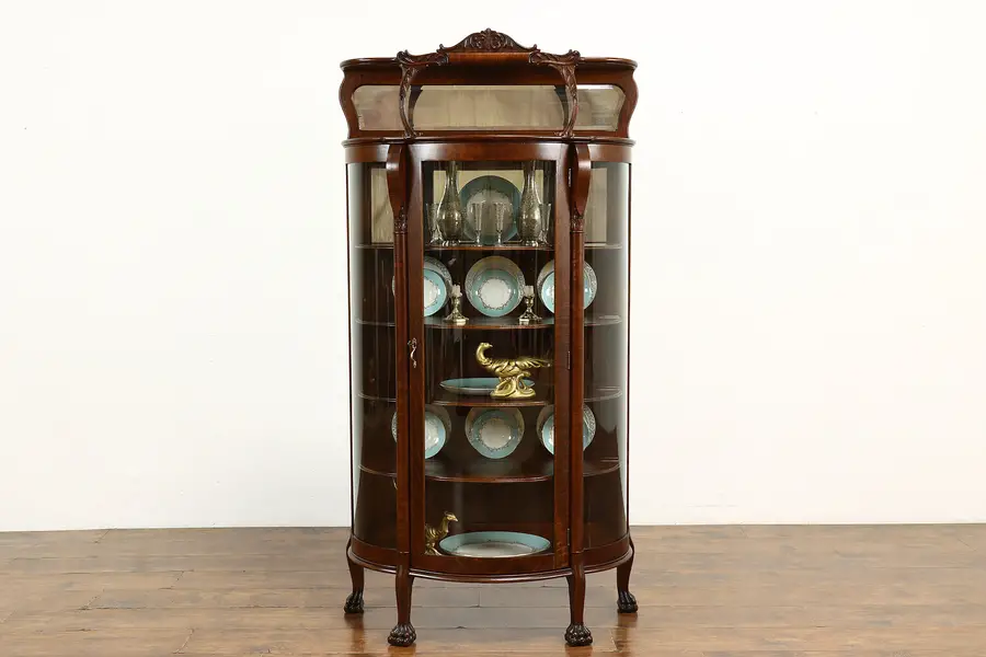 Photo of Victorian Antique Oak Curved Glass Curio, China Display Cabinet, Paw Feet