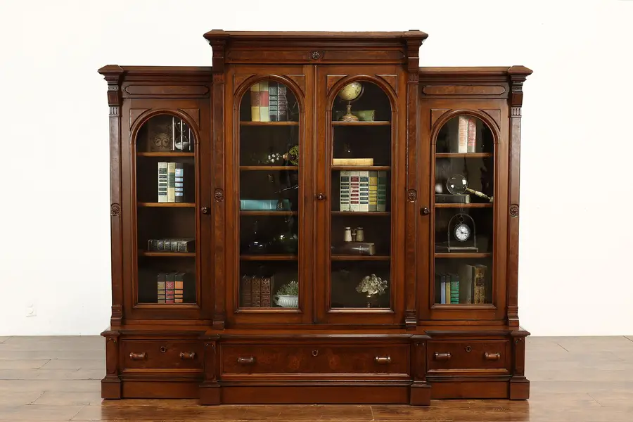Photo of Victorian Antique Carved Walnut & Burl Library or Office Bookcase