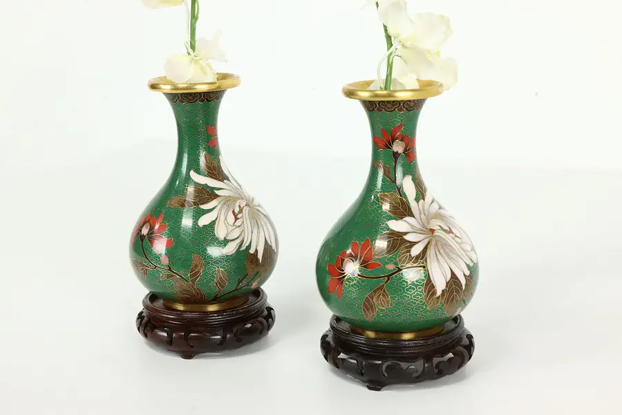 Photo of Pair of Vintage Traditional Chinese Cloisonne Enamel Vases, Teak Bases
