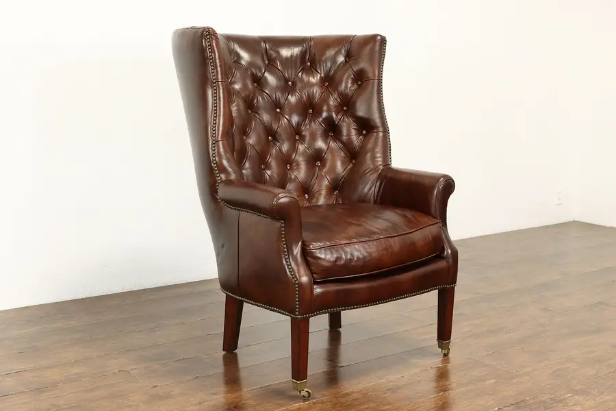 Photo of Traditional Vintage Tufted Wing Chair, Brass Nailheads, Henredon