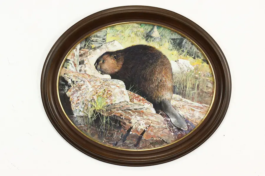 Photo of Beaver Among Rocks Vintage Original Acrylic Painting, Medcalf 26"