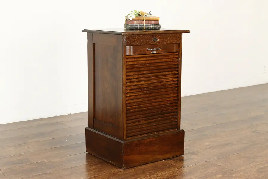 Photo of German Beech Antique Music or Drawing File Wine Cabinet, Roll Top Door