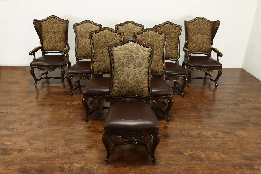 Photo of Set of 8 Carved Vintage Dining Chairs, Leather Seats, Marge Carson