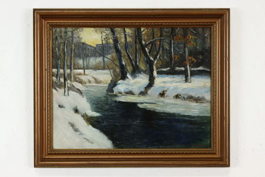 Photo of Winter Stream Landscape Vintage Original Oil Painting, Cordy 21"