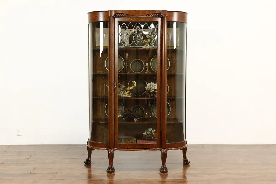 Photo of Victorian Oak Curved & Leaded Glass China or Curio Cabinet, Paw Feet