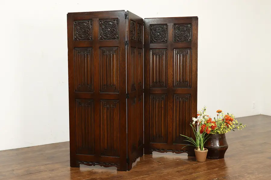 Photo of Renaissance Design Antique Oak 3 Panel Screen, Linenfold Carved
