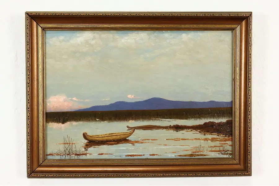 Photo of Lake with Canoe & Mountains Original Vintage Oil Painting Rubina 18"