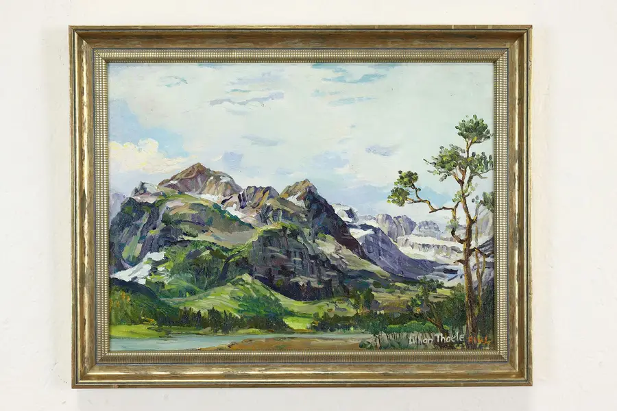 Photo of Summer Scene with Snowy Mountains Vintage Oil Painting, Thoele 18.5"