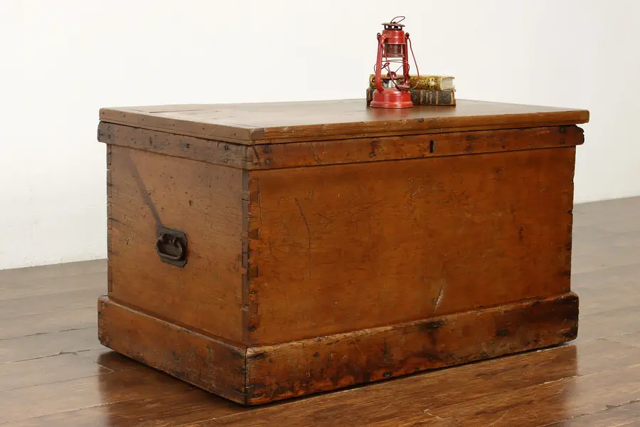 Photo of Farmhouse Rustic Pine Antique Trunk, Blanket or Tool Chest, Coffee Table