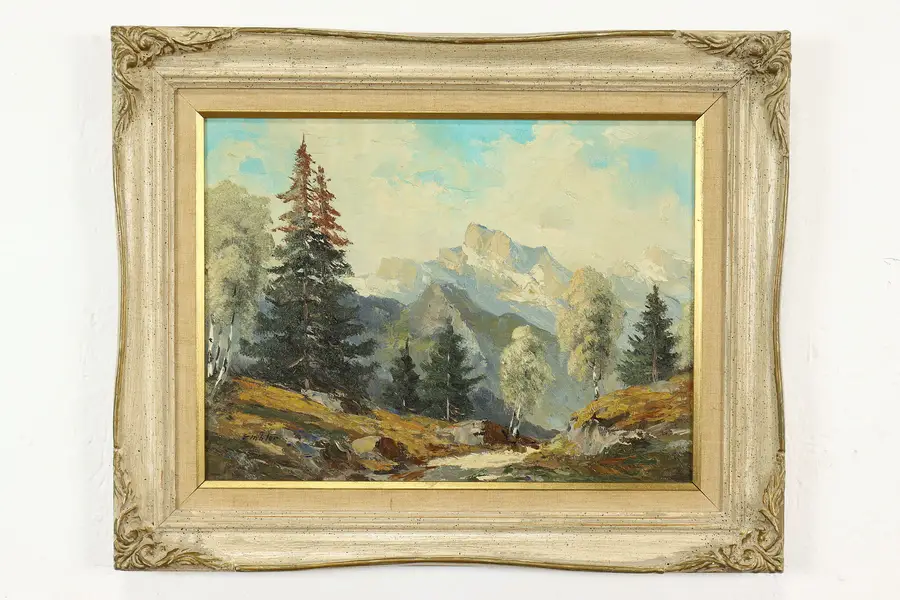 Photo of Alps Mountain Landscape Vintage Original Oil Painting, Embler 21"