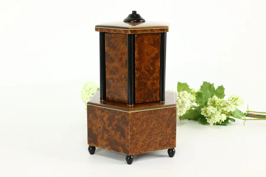 Photo of Art Deco Vintage Burl Swiss Music Box & Cigarette, Lipstick Dispenser