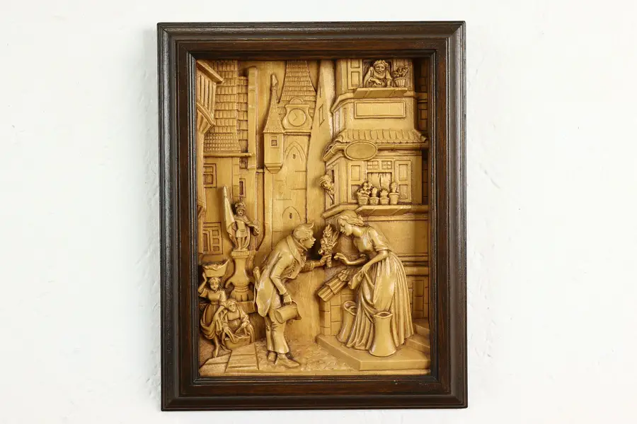 Photo of Man Giving Flowers German Vintage Carved Wall Plaque After Spitzweg