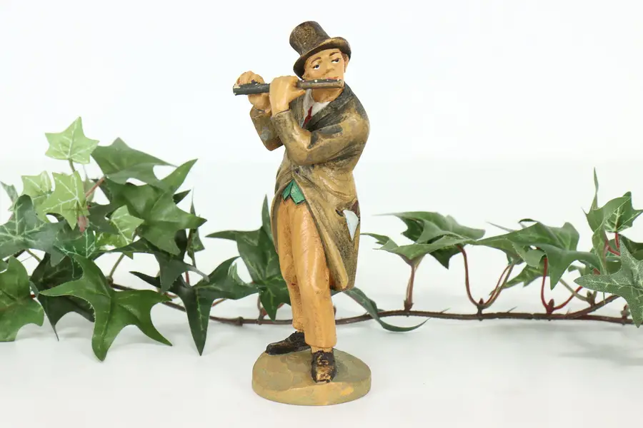 Photo of Man Playing Flute Hand Carved Vintage Alpine Sculpture