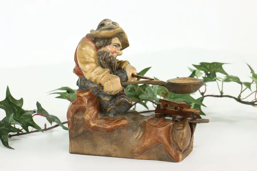 Photo of Man Cooking Over a Fire Carved Vintage Alpine Sculpture