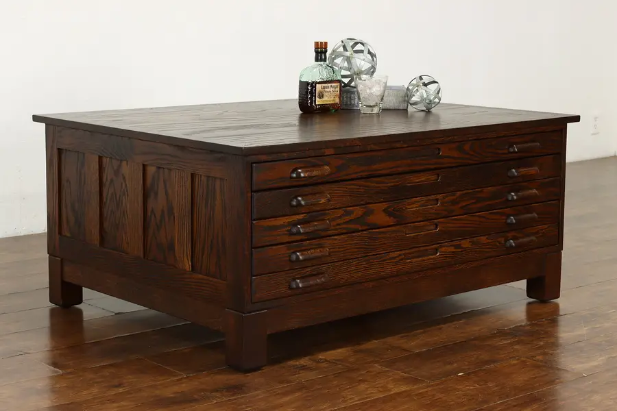 Photo of Industrial Vintage Oak 5 Drawer Map File or Collector Chest Coffee Table