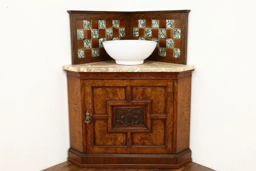 Photo of Victorian Antique English Corner Cabinet, Vessel Sink Vanity, Marble Top