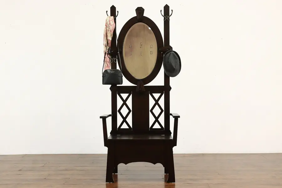 Photo of Arts & Crafts Mission Oak Antique Craftsman Hall Stand, Bench & Mirror