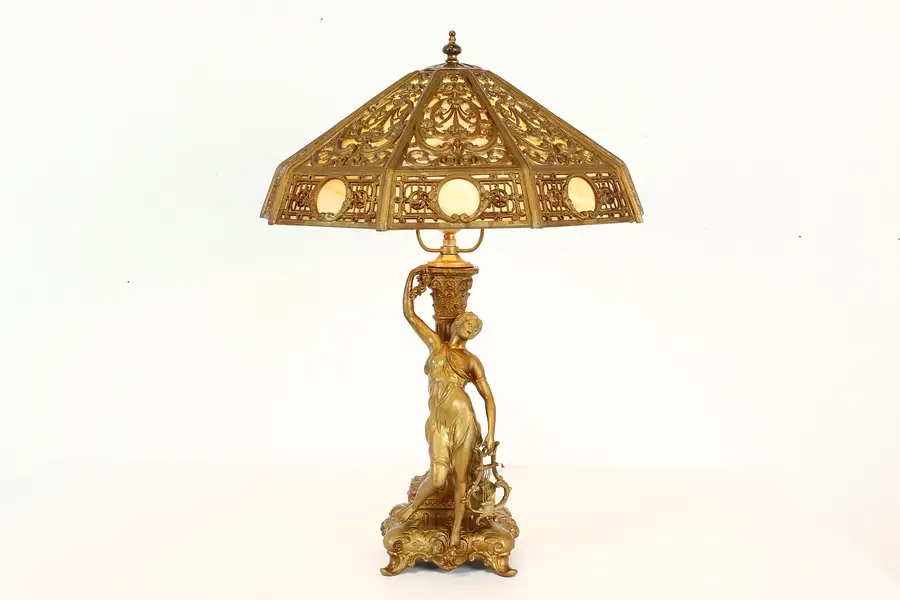 Photo of Neoclassical Antique Stained Glass Filigree Shade Office or Library Lamp