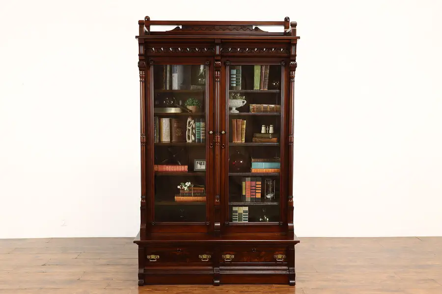Photo of Victorian Eastlake Antique Walnut Office or Library Bookcase, Wavy Glass