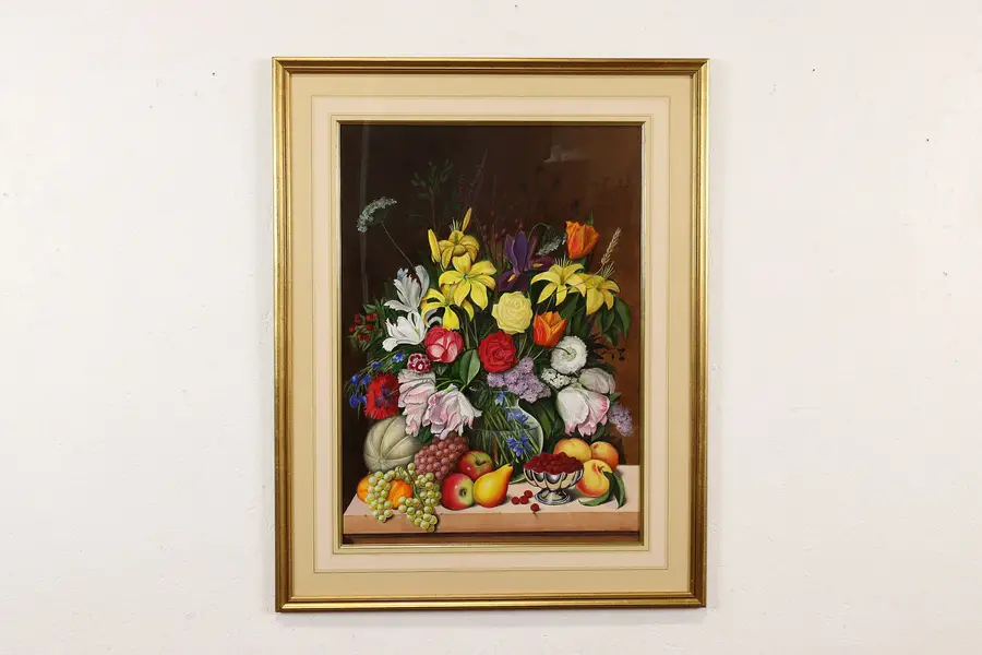 Photo of Still Life of Flowers & Fruit Vintage Original Painting, Stolz 36"