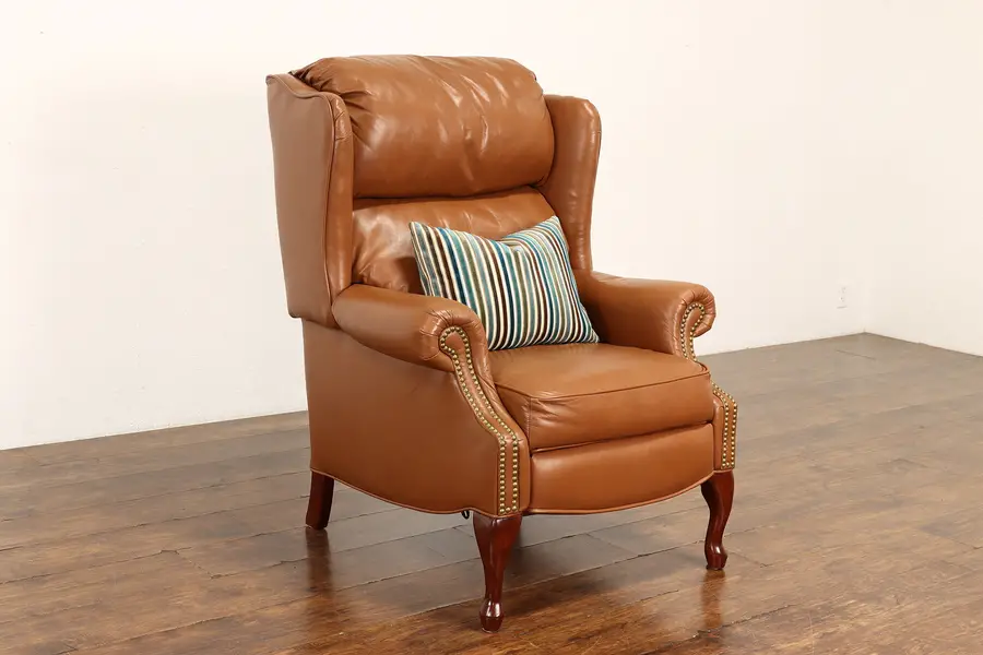 Photo of Traditional Vintage Leather Wing Chair Recliner Brass Nailheads, Lane