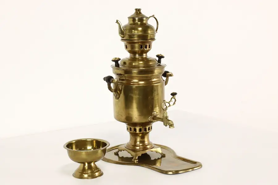Photo of Farmhouse Russian Brass Samovar, Tea Kettle, Sugar Bowl & Tray