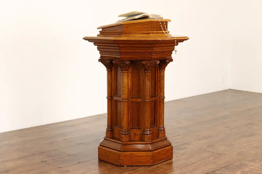 Photo of Gothic Antique Oak & Leather Podium, Reception Desk or Bible Stand