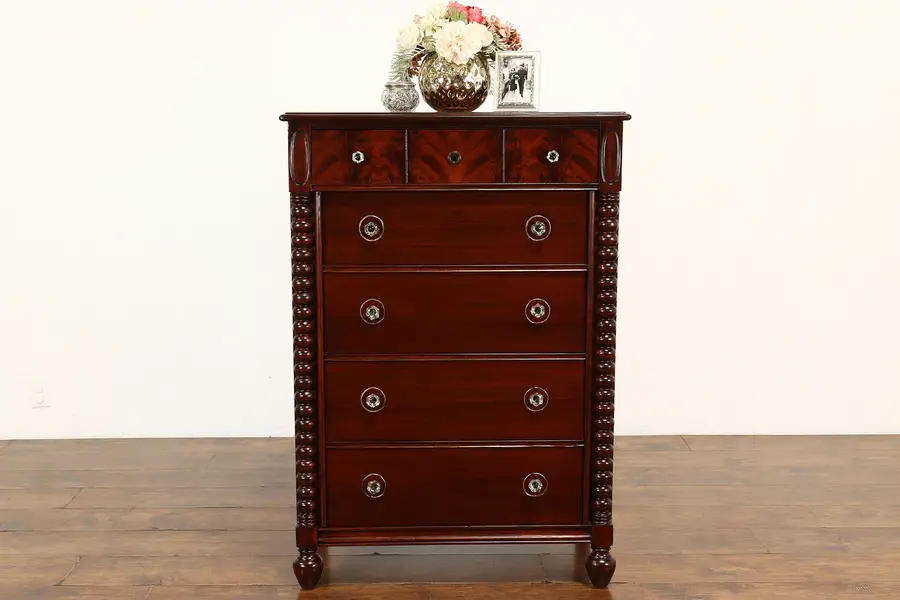 Photo of Empire Antique Mahogany Tall Chest or Dresser, Glass Knobs