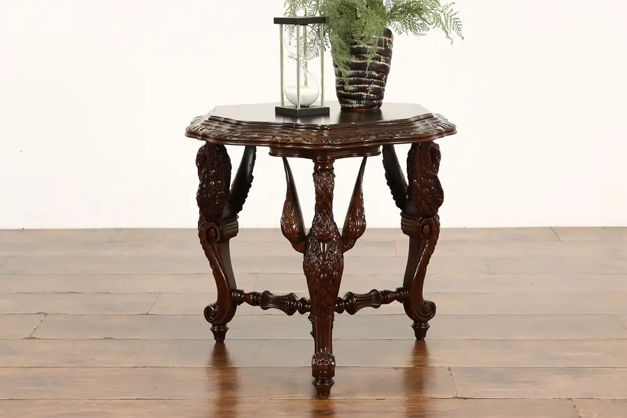 Photo of Swan Carved Sculpture Antique Coffee, Side or End Table, Mersman