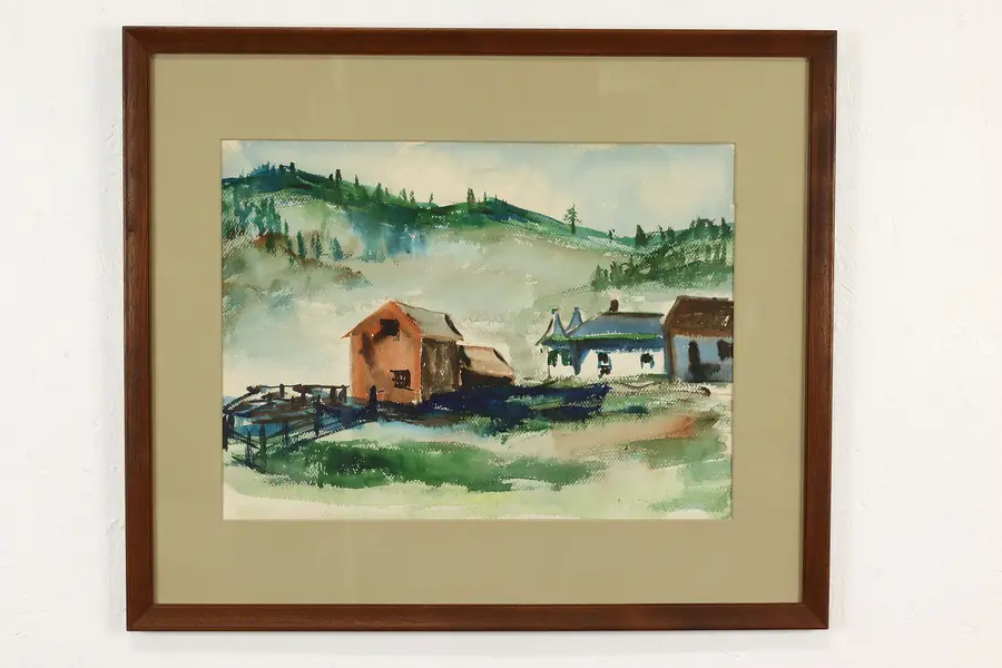 Photo of Farmyard on Mountainside Vintage Original Watercolor Painting 27"