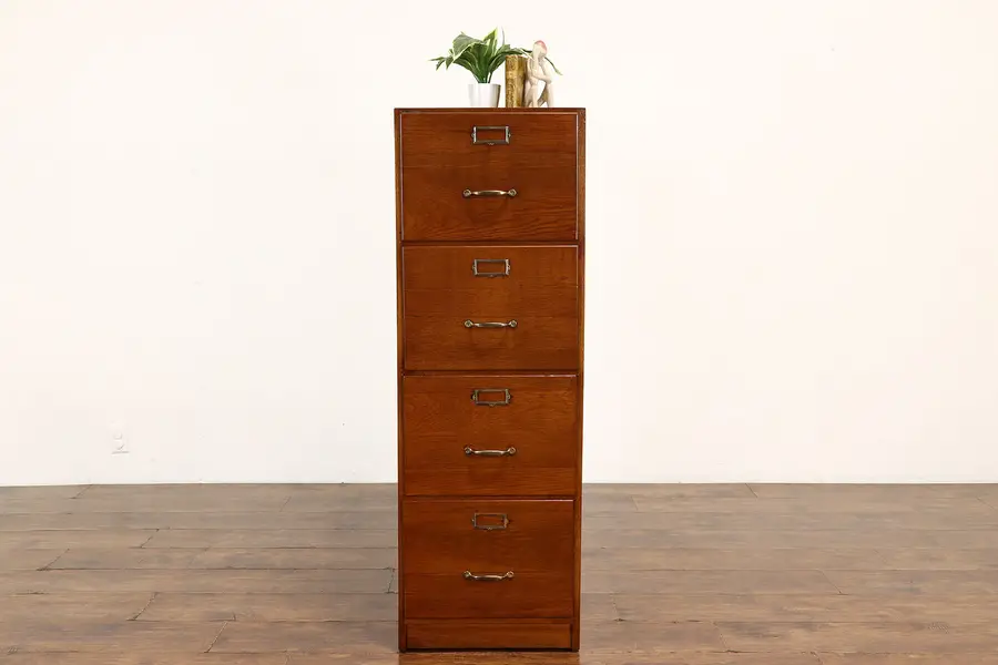 Photo of Oak 4 Drawer Office or Library Vintage Legal or Letter File Cabinet