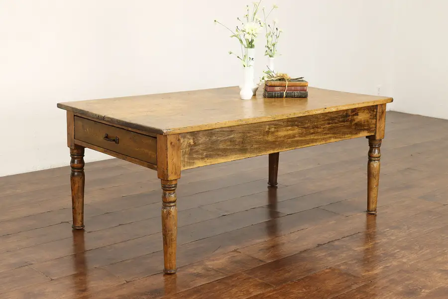 Photo of Farmhouse Victorian Antique Rustic Pine Large Coffee Table with Drawer