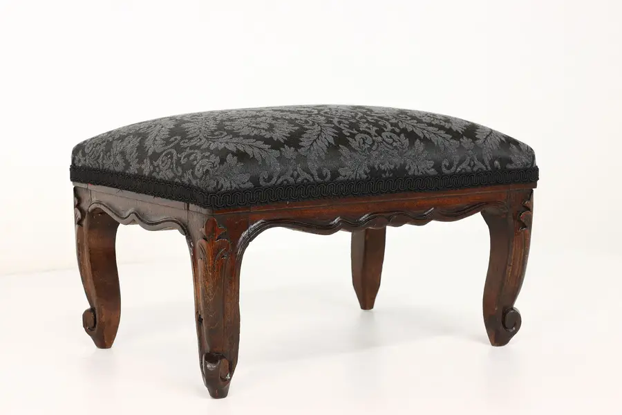Photo of Country French Carved Beech Antique French Footstool, New Upholstery